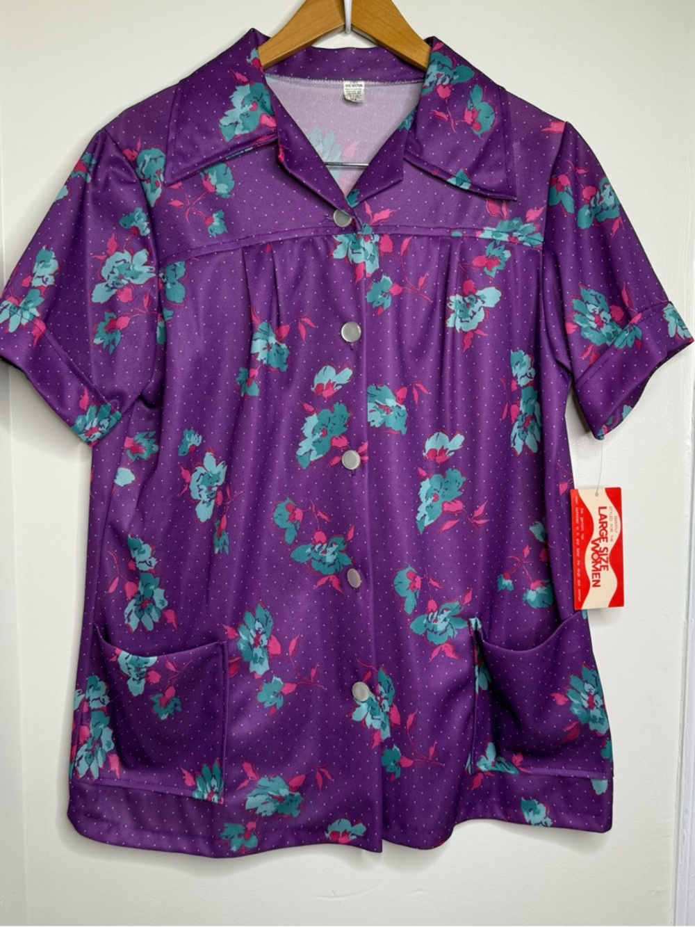 Vintage 70s Deadstock Shirt Jac Top Purple Floral Sz 44(modern Size 18) Pockets